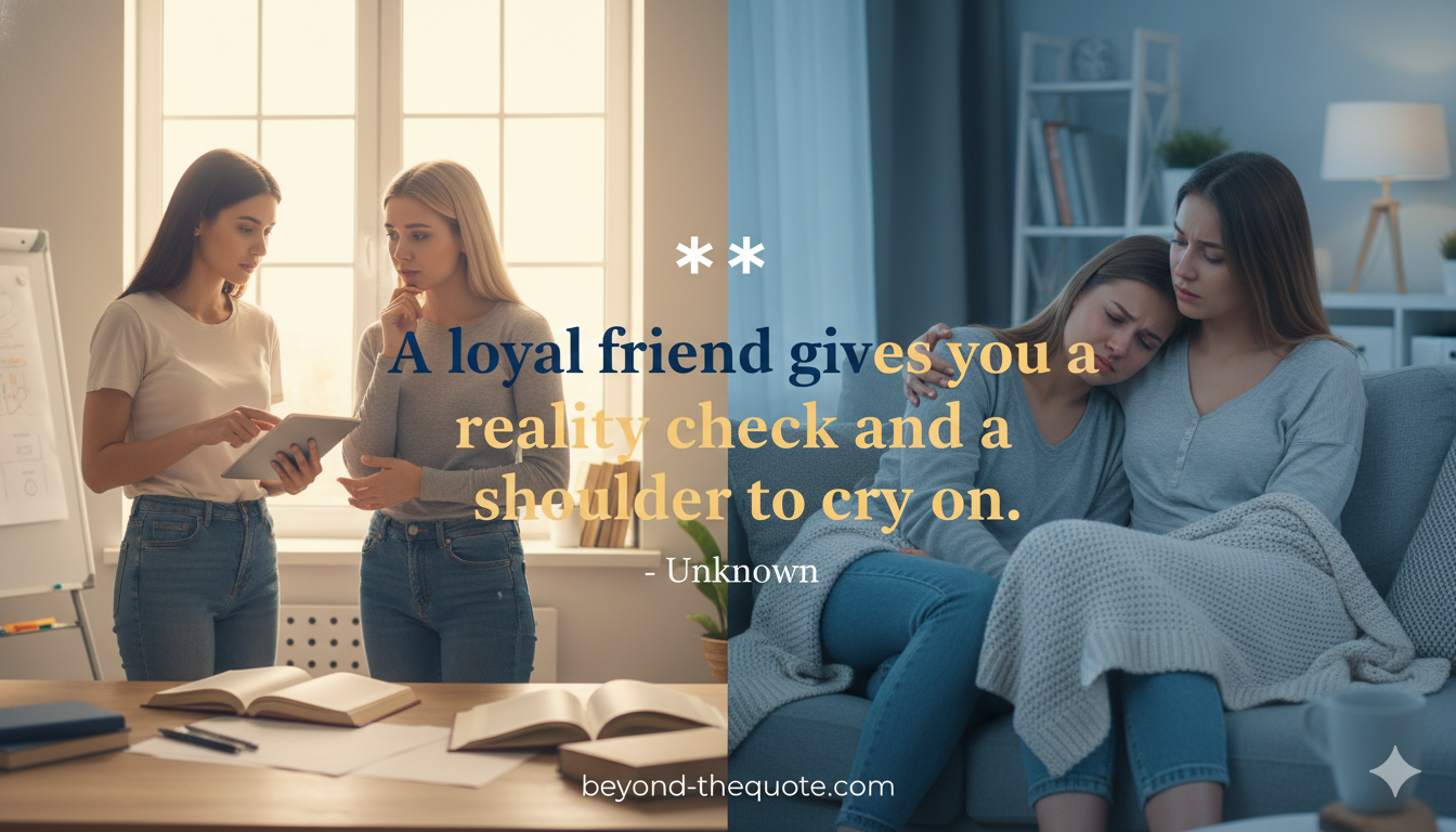 A diptych image showing two women on the left in a professional setting having a serious discussion and two women on the right in a home setting, one comforting the other, with the quote "A loyal friend gives you a reality check and a shoulder to cry on. - Unknown"